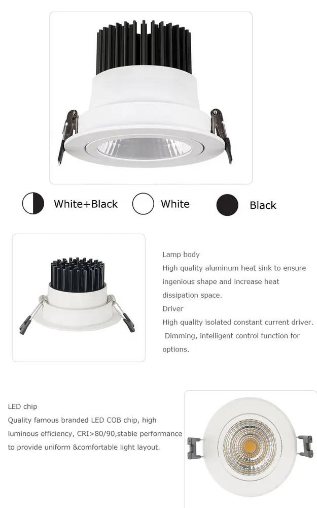 Adjustable Dimmable Recessed COB LED Downlight 20W 3CCT Selectable