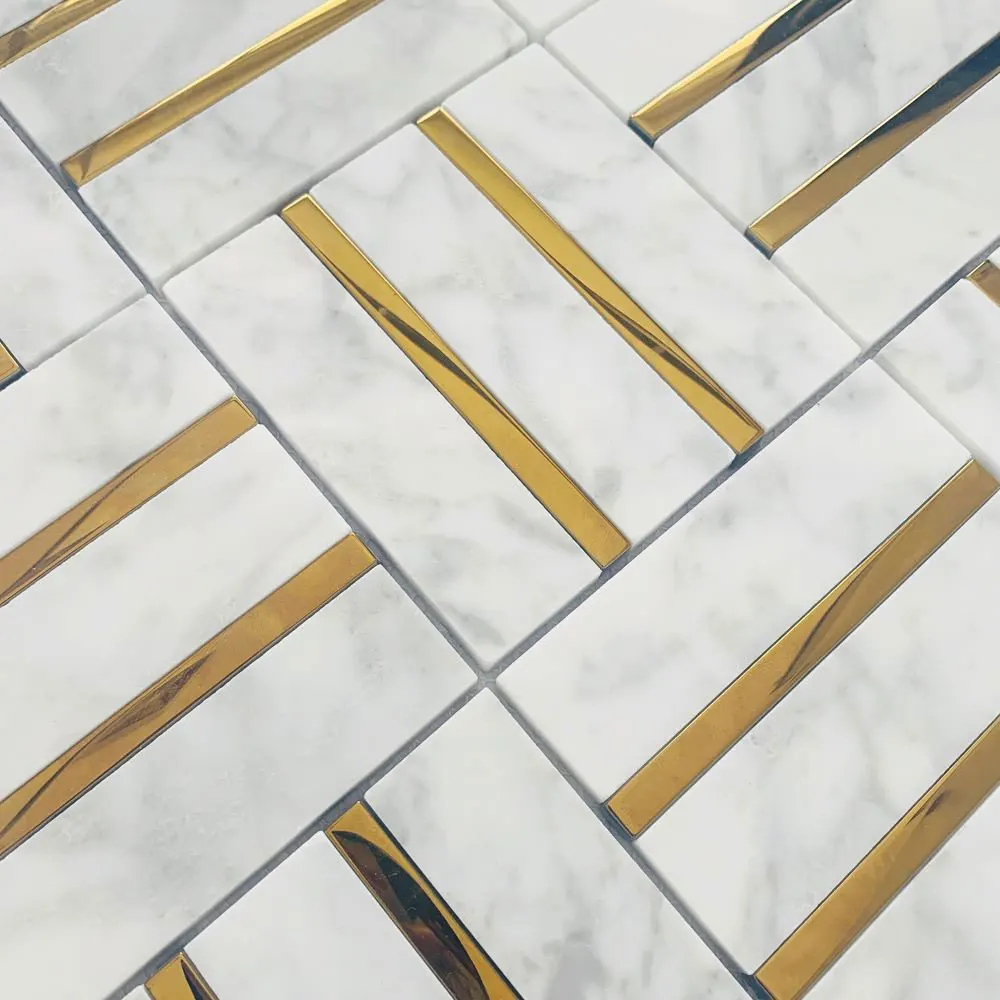 Carrara White Marble And Brass Mosaic Tile 305x305mm
