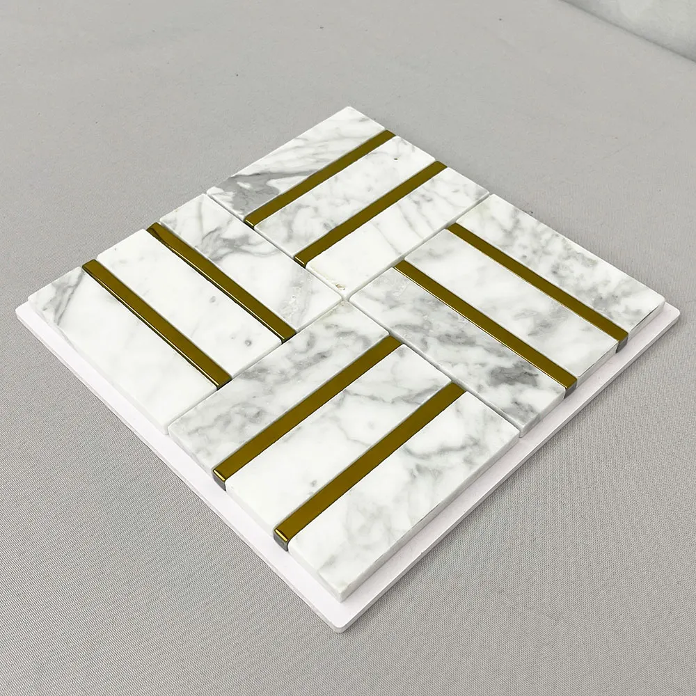 Carrara White Marble And Brass Mosaic Tile 305x305mm