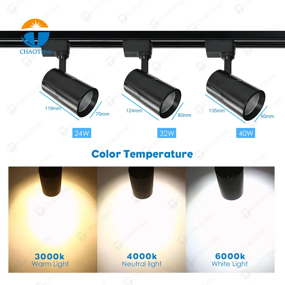 Adjustable Aluminum COB LED Track Spotlight 24-40W 3000K/4000K/6000K