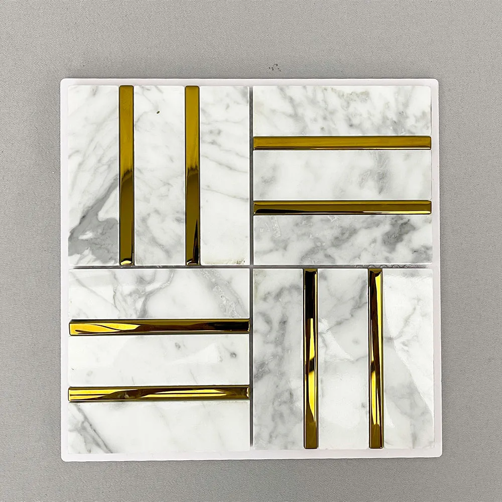 Carrara White Marble And Brass Mosaic Tile 305x305mm