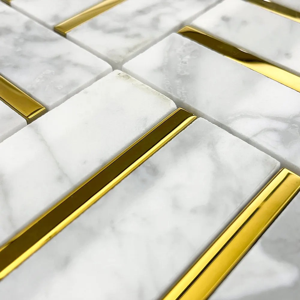 Carrara White Marble And Brass Mosaic Tile 305x305mm