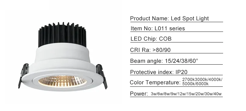 Adjustable Dimmable Recessed COB LED Downlight 20W 3CCT Selectable