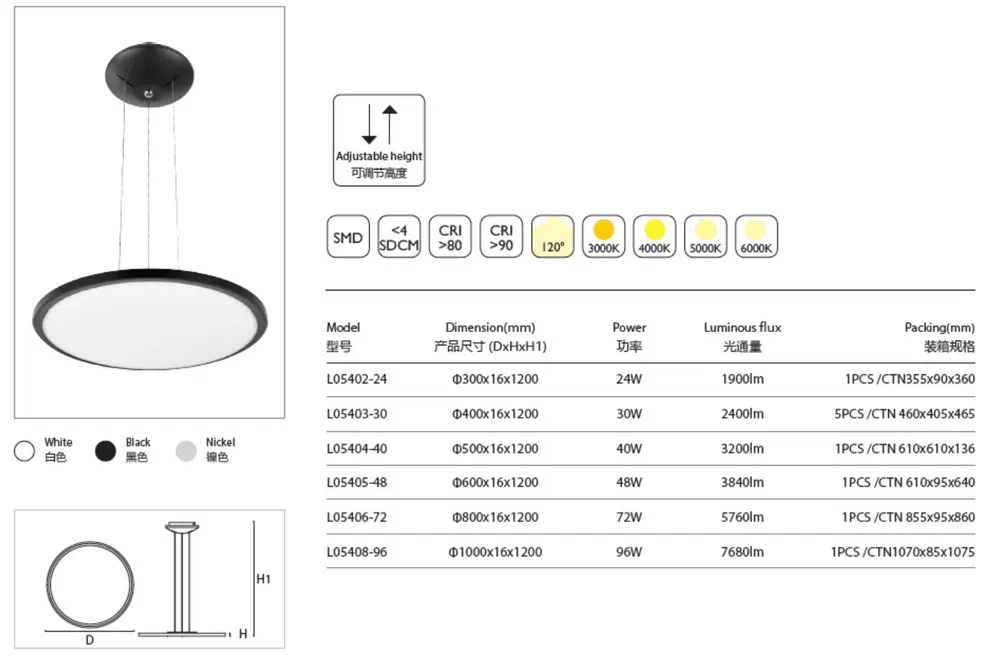 Adjustable Slim Round LED Pendant Panel Light 400-1000mm 24W-96W